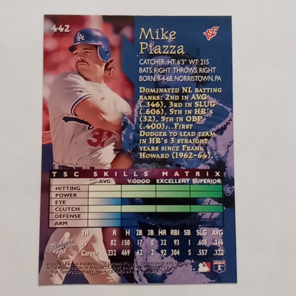 1996 STADIUM CLUB #442 MIKE PIAZZA - Picture 3 of 7